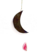 Load image into Gallery viewer, crescent mooncatcher: iridescent rainbow black with agate charm